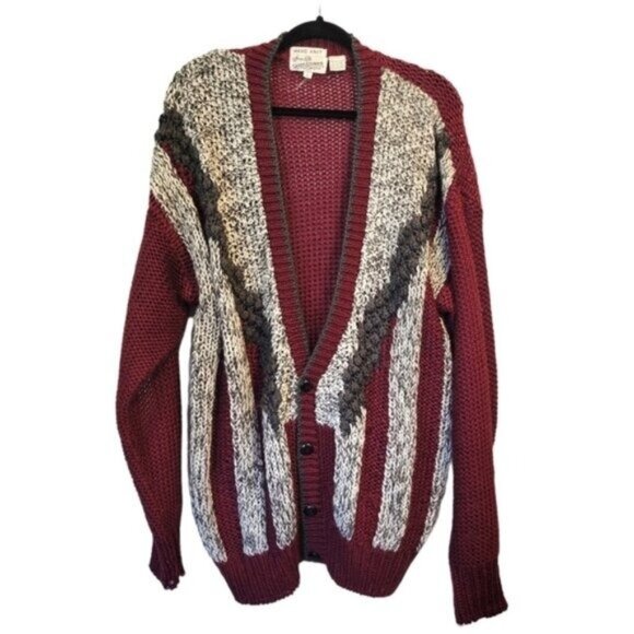 Vintage Sears 80's Hand Knit Chunky Knit Oversized Cardigan Sweater Red Gray - Picture 1 of 7